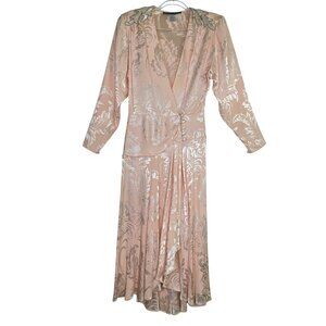 Vintage Blush Pink Satin Damask Print Dress Size 12 Sequin Art Deco Flapper Luxe